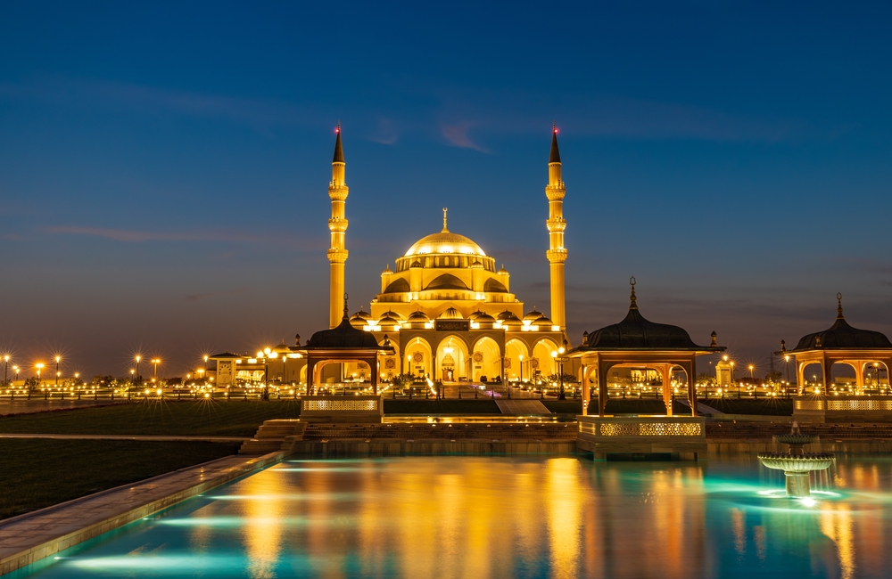 Beautifully lit Sharjah Grand Mosque or Masjid in Ramadan 2022 in Dubai