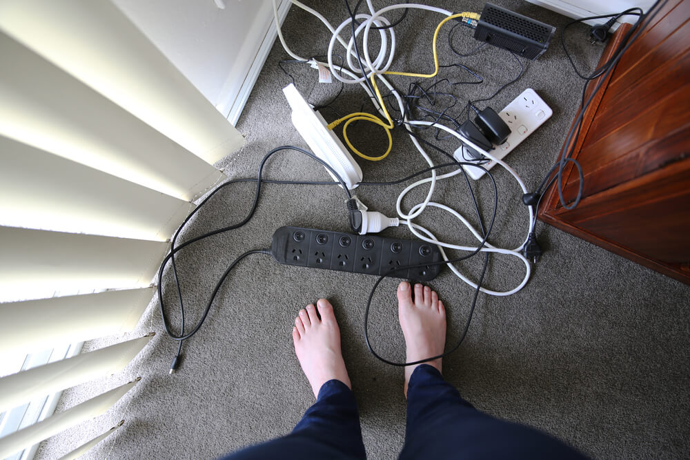 home office setup Tangled Wires and Cables